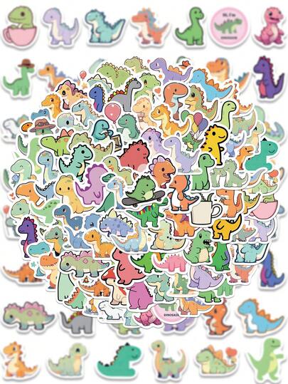 100张卡通小短腿恐龙贴纸 可爱乙烯基防水贴纸 可用于水瓶、笔记本电脑装饰 教学奖励 恐龙派对必备用品