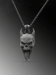 男士恶魔吊坠项链，中世纪黑白骷髅设计，神秘符号，男士完美礼物，暗黑美学派对饰品 - 項鍊 - 查看 1