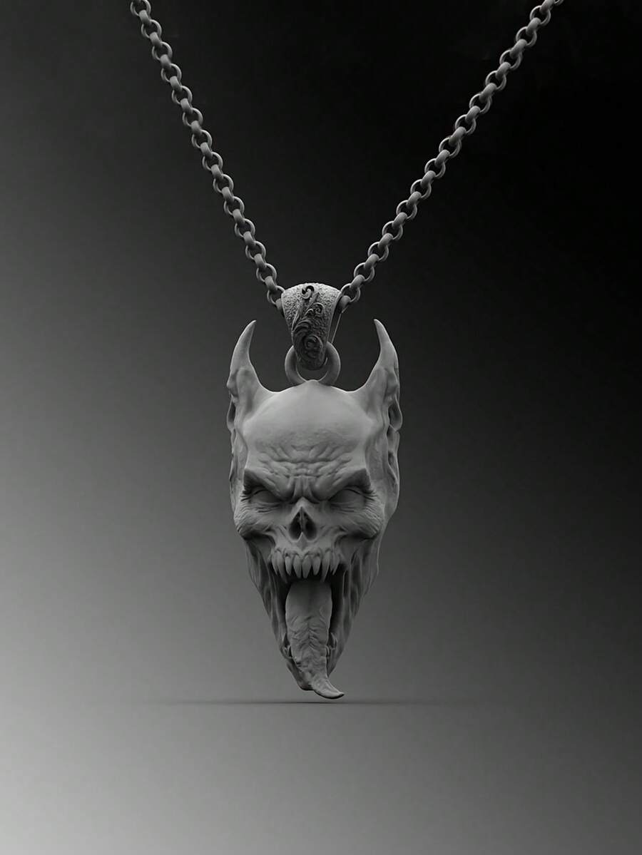 男士恶魔吊坠项链，中世纪黑白骷髅设计，神秘符号，男士完美礼物，暗黑美学派对饰品 - 項鍊 - 查看 1