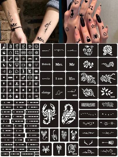 6pcs Large Hollow Tattoo Stencils, 131 Small Templates Of Floral, Animal, Scorpion, Letter, Butterfly Patterns, Personalized Temporary Waterproof Fake Tattoo Stickers For Finger, Ear, Shoulder, Neck, Collarbone, Unisex