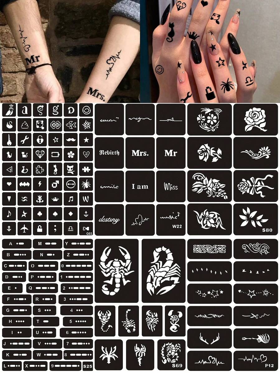 6 Stück große Cut Out Tattoo Schablonen, 131 kleine Vorlagen mit Blumen-, Tier-, Skorpion-, Buchstaben-, Schmetterlings-Mustern, personalisierte temporäre wasserfeste Fake Tattoo Aufkleber für Finger, Ohr, Schulter, Nacken, Schlüsselbein, unisex - Schwarz - Übersicht 1