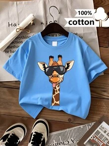 Boys' 100% Casual Short-Sleeved T-Shirt With A Giraffe Print Wearing Stylish Glasses And Sticking Out Its Tongue - Fun Summer Design, Machine Washable, Regular Fit For Casual Wear, Relaxed Kids' Fashion, Comfortable, Fun Print And Breathable. - Màu xanh lam - Xem 2