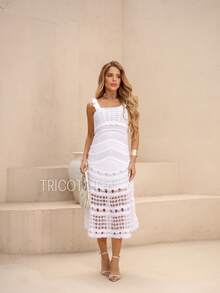 Women's Midi Knit Dress, Crochet Style,  Style, Lined, Elegant, Party, New Year's Eve, Casual, Evening, Wedding, Gender Reveal. - 白色 - 查看 5