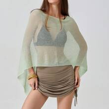 Women Sheer Mesh Poncho Top Crochet Knit Lightweight See Through Shawl Wrap Summer Oversized Loose Shrug Beachwear Swimsuit Bikini Cover Ups - 綠色 - 查看 10