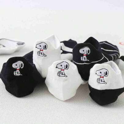 SNOOPY 1 par de calcetines tipo bailarina de verano, de estilo clásico y anime "Peanuts", de diseño lindo y versátil, con esquema de color negro y blanco, bordado en el talón, transpirables y delgados