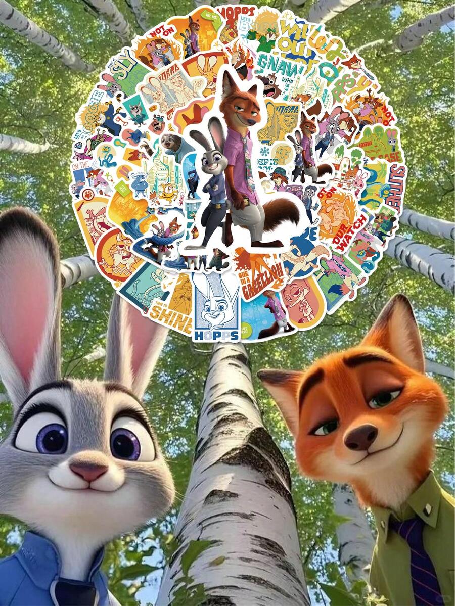 50pcs Disney Judy Hopps & Nick Wilde Wild Animal Cartoon Character Sticker Pack, Cute Decorative Stickers For Scrapbooking, Laptop, Phone, Water Bottle, Skateboard, Luggage, Graduation, Christmas, New Year, Easter, Birthday Party - 1 Set - View 1