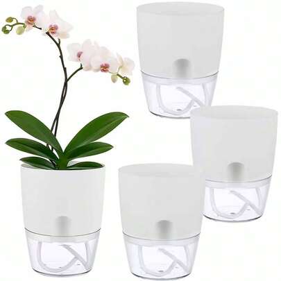4pcs Automatic Watering Indoor Plant Pots, Including 6-Inch Plastic Planters Suitable For Orchids, African Violets And Small Transparent Pots With Drainage Holes And Watering Ropes, Gardening Gift Home Decor