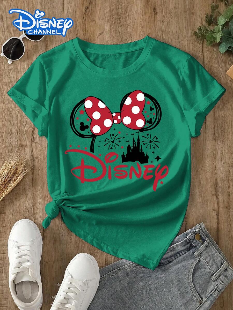 Disney Lady's T-Shirt, Featuring A Creative Cartoon Pattern Of The Disney Castle. Spring/Summer Style Women's Round-Neck T-Shirt. The Fabric Is Soft, Comfortable And Breathable, Suitable For Daily Wear, Shopping, Traveling, Parties, And When At Home. It Is Also Suitable As A Beautiful Gift. Every Lady Deserves To Own One. - màu xanh lá - Xem 1