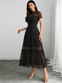 Women's Gothic Elegant Black Base Colorful Floral Print Mesh Round Neck Short Sleeve Waist Ruffle Hem Maxi Dress Summer - Multicolor - View 5