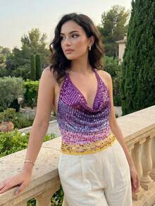 Chaleco de mujer de cuello halter de verano sin mangas con espalda abierta, con lentejuelas brillantes, blusas de punto para carnaval, fiestas y raves - Multicolor - Ver 5