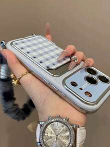 可爱格子爱心卡包仿皮手机壳，适用于 17 Pro Max/17 Pro/17/16/15/14 Pro Max，带毛绒腕带，哑光保护套 - 藍色 - 查看 2