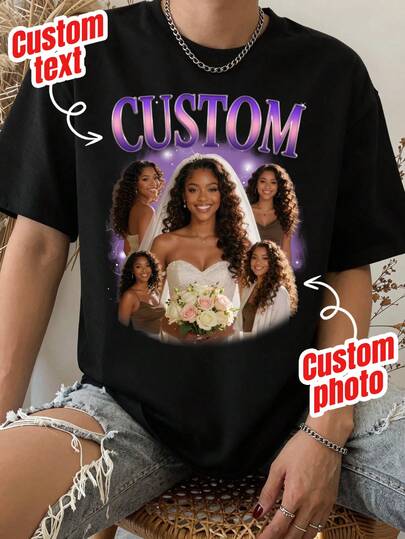 Customized Photo T-Shirt, Customized Vintage Bootleg Wedding Photo T-Shirt, Customized 90s Vintage Hip-Hop Couple T-Shirt, Customized Creative Wedding Gift, Customized Wedding Gift, Love My Girlfriend/Wife, Customized Women T-Shirt - Add Your Favorite Photo And Text (Girlfriend Photo/Couple Photo/Family Photo/Selfie/Pet Photo/Friend Photo) To Design Your Own Personalized Printed T-Shirt Black