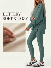 Women's 2 Piece Loungewear Set - Soft Ribbed Oversized Sweatshirt & High Waist Leggings-Ultra Soft Pajama Set For Women  - Casual Tracksuit For Airport Outfit & Lounging-Cozy Matching Outfit For Travel Yoga Home - 綠色 - 查看 5
