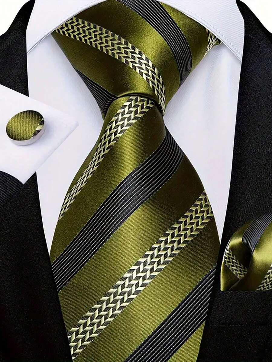 Men Tie Sets Classic Fashion Necktie Set With Cufflink For Business Party - Green - View 1