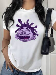 Rostro sonriente morado representando alegría  energía juvenil con contornos fluidos simbolizando creatividad interior y confianza moderna camiseta de mujer 220g casual urbana - Blanco - Ver 1