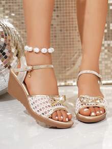 Women's Bowknot Mesh Breathable Comfortable Soft Bottom Wedge Heel Sandals, Summer - Champagne - View 4