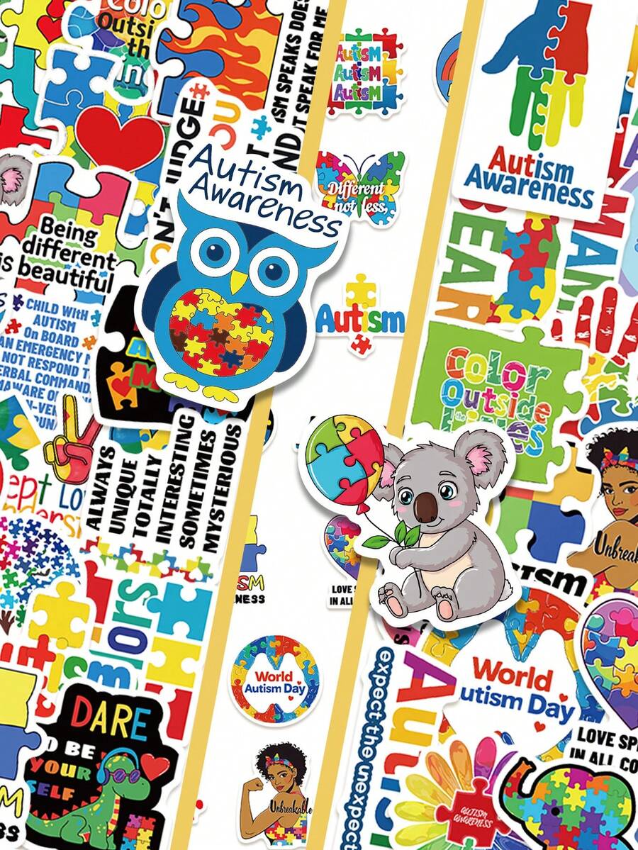 50pcs Autism Awareness Stickers Aesthetic Vibes For Journal, Phone Case, Tablet, Water Bottle, Desk, Helmet, Bike, Luggage, Waterproof Decals - Multicolor - View 1