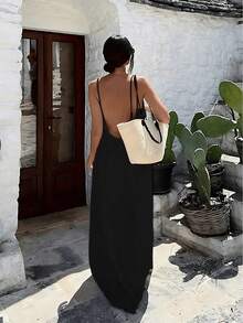 A Women's Solid Color Camisole Loungewear, Elegant Sleeveless Backless Long Dress, Summer Casual Wear, Women's Indoor Sleepwear, Beach Vacation Dress. - màu đen - Xem 1