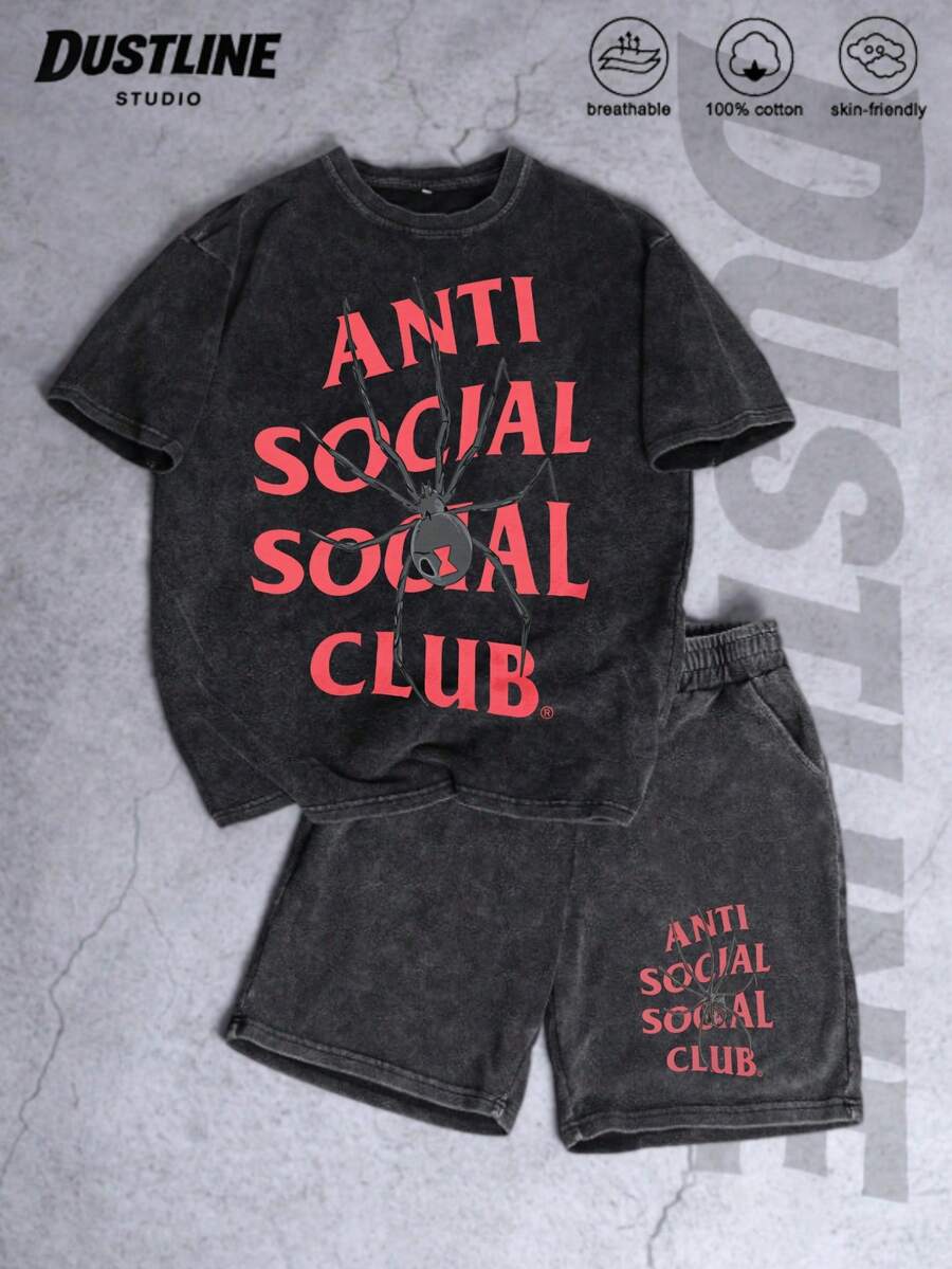 Black Mens Creative T Shirt And Shorts Set American Vintage Full Print Street Wear Essential Graphic Tee And Shorts With Anti Sociall Sociall Club Logo And Spider Print Washed Look Casual Outfit For Everyday Wear - màu đen - Xem 1