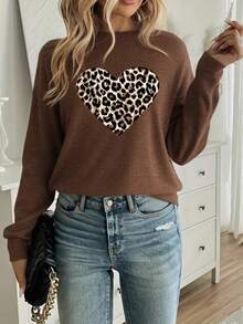 Leopard Print Heart Pattern Women's Casual Elegant Faux Knit Sweater Top, Suitable For Everyday Wear In Autumn/Winter - Brown - View 4