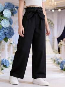 Young Girl Solid Color All-Match Versatile Waist Belt Casual Elegant Fashion Pants, With Belt, Suitable For Spring/Summer Daily, School, Wedding, Photography And Party Wear - Black - View 10