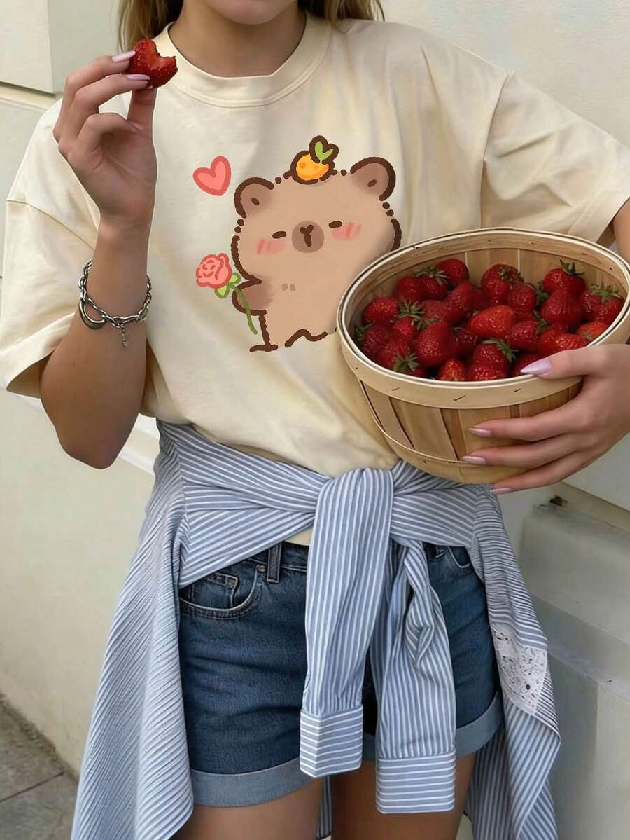 少女休闲印花圆领短袖T恤，夏季上衣 - 杏色 - 查看 1