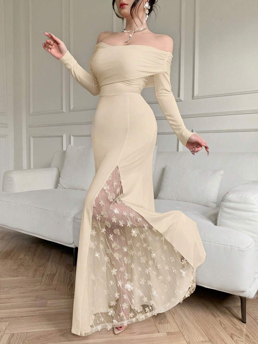 abyoxi Đầm dài tay trễ vai ôm sát màu mơ dành cho nữ, họa tiết hoa 3D, phối lưới, thiết kế xẻ cao, gợi cảm và thanh lịch, quyến rũ cổ điển, thích hợp cho những buổi hẹn hò lãng mạn, ngày Valentine, tiệc năm mới, tiệc tối trang trọng, mùa xuân/hè/thu. - Màu be - Xem 1