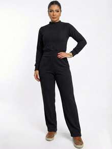 Women's Set Cold Long Sleeve Blouse High Neck And High Waist Pants Knit Winter Cold Warm Fashion Casual Elegant REF: Jennifer - 黑色 - 查看 1