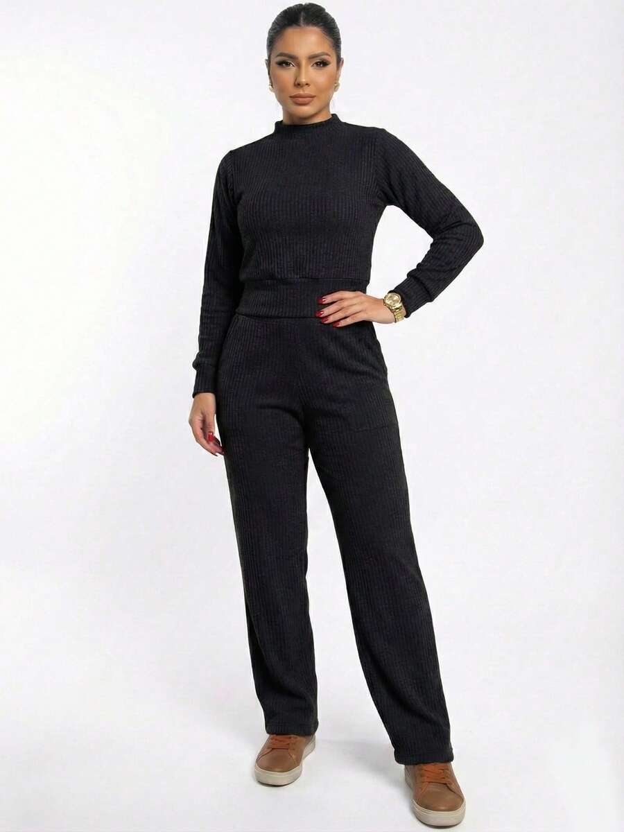 Women's Set Cold Long Sleeve Blouse High Neck And High Waist Pants Knit Winter Cold Warm Fashion Casual Elegant REF: Jennifer - 黑色 - 查看 1