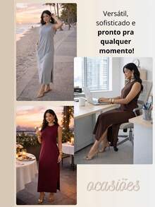 Women's Basic Casual Elegant Long Dress With Side Slit And Pockets, Cotton - 鏽棕色 - 查看 3