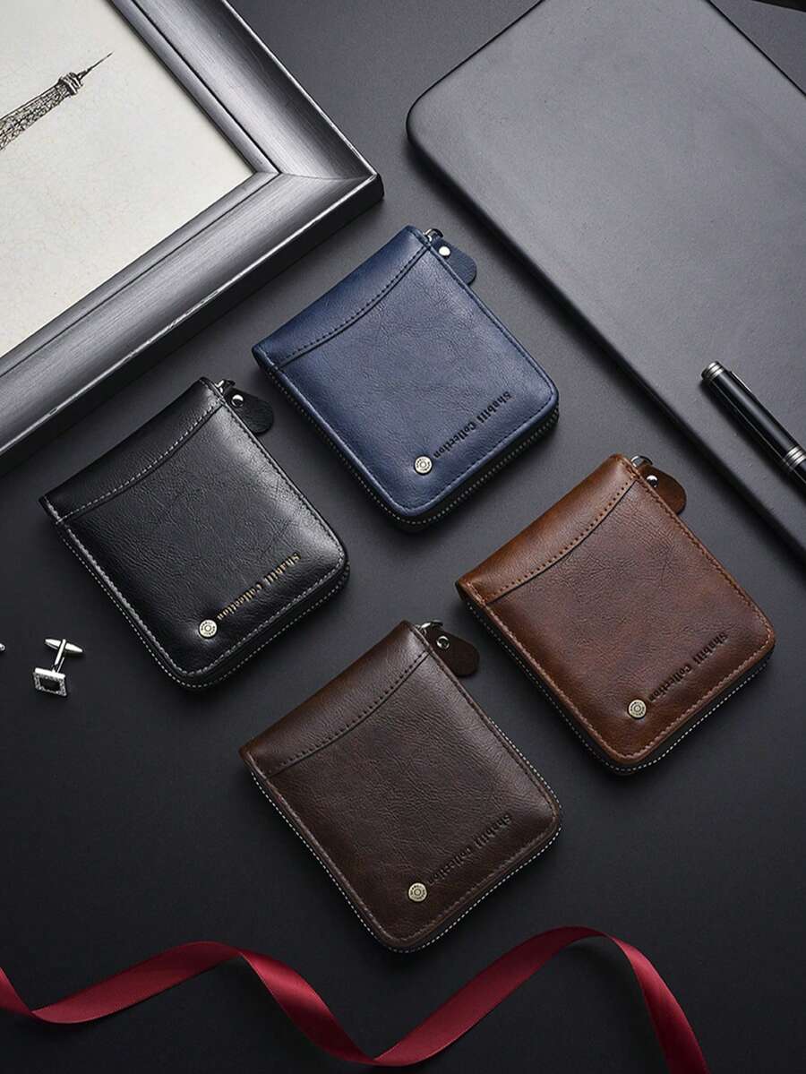 New Retro Men's Wallet, Short Bifold Leather Card Holder Zipper Wallet, Easter
