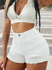 Quần short denim phong cách Y2K gợi cảm dành cho nữ, quần short denim co giãn cao, rách gấu, thích hợp mặc đi biển, hẹn hò, hoặc mặc thường ngày. Màu trắng. - trắng - Xem 2