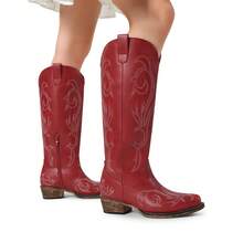 Women's Cowboy Embroidered Western Boots Pull On Side Zipper Knee High Boots Chunky Heel  Comfort Fashion Vintage Outdoor Western Cowgirl Boots - 紅色 - 查看 7