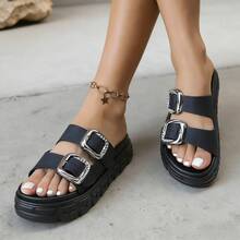 FZY 2026 Spring New Women's Plus Size Wide-Waist Sandals, Waterproof, Non-Slip, Thick Sole, Height Increase, Letter Print, Tower Buckle Design, Casual, Comfortable, And Versatile Beach Shoes, Easter Fashion Item - Women's Casual Sneakers - màu đen - Xem 1