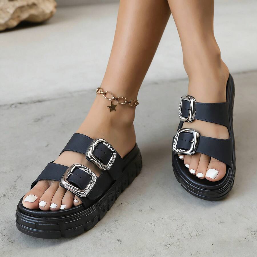 FZY 2026 Spring New Women's Plus Size Wide-Waist Sandals, Waterproof, Non-Slip, Thick Sole, Height Increase, Letter Print, Tower Buckle Design, Casual, Comfortable, And Versatile Beach Shoes, Easter Fashion Item - Women's Casual Sneakers - màu đen - Xem 1