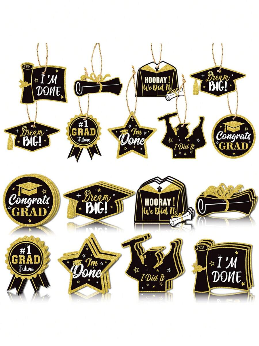 16pcs Black & Gold Graduation Decorations, Congratulatory Party Hanging ...