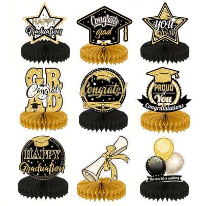 9pcs Black & Gold Ombre Honeycomb Graduation Theme Decorations, Happy Graduation Party Tabletop Decor Paper Ornaments, Graduation Celebration Party Supplies, Anniversary Decor, Home Decor, Holiday Party Supplies, Tabletop Centerpiece
