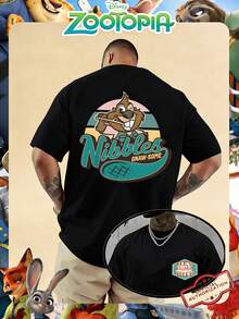 Disney Official Licensed Zootopia Nibbles Gnaw-Some Retro Badge Print 220g Cotton Crew Neck Unisex Tee - 黑色 - 查看 1
