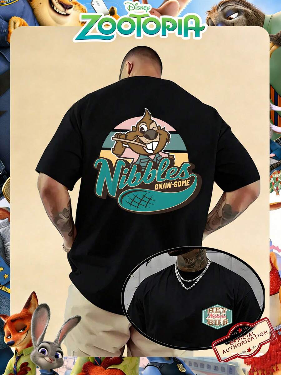 Disney Official Licensed Zootopia Nibbles Gnaw-Some Retro Badge Print 220g Cotton Crew Neck Unisex Tee - 黑色 - 查看 1