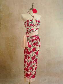 Floral Print Halter Cutout Two Pieces Midi Dress Set - Multicolor - View 4