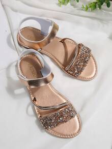 Women's Spring/Summer New European & American Middle East Fashion Casual Rhinestone Sequin Round Toe Open Toe Slip-On Beach Sandals Flat Slippers - Champagne - View 6