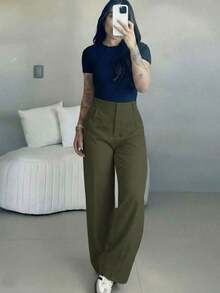 Women's High Waist Wide Leg Pants |   Spring Women's Clothing |   Casual Elegant Office Pants |   Spring Casual Wear |   Solid Color Loose Straight Bottoms |   Spring Apparel |   Women's Casual Wear |   Soft Comfortable Casual Pants |   Women's Casual Clothing |   Minimalist Fashion Workwear |   Casual Suit |   New Year Preparation |   Essential For Spring & Autumn, No Belt Included - 軍綠色 - 查看 8