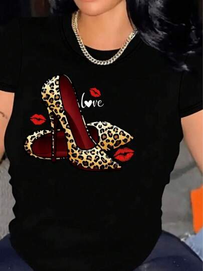 Camiseta de mujer con temática de amor y tacones de leopardo, regalo ideal para pareja