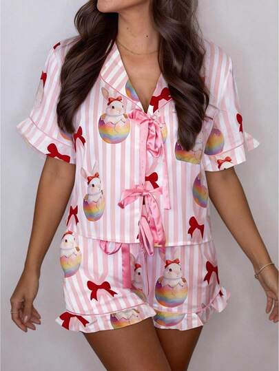 Easter Pajamas Set For Womens Easter Eggs Bunny Print Tie Front Lapel Short Sleeve Tops And Shorts Ruffles Sleepwear Outfits 2 Pieces Loungewear Suits