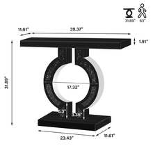 Black Crystal Inlaid Console Table, 100cm Glass Sofa Table With O‑Shaped Base For Entryway - Black - View 5
