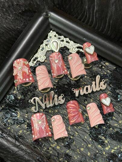 10pcs Handmade Fully Covered Short Duck Nails Acrylic Kit, Pink Nails, Engraved Butterfly Patterns, 3D Water Ripples, Metal Hearts, Petal Patterns And Other Nail Accessories, White Polka Dots Embellishment, Acrylic Nail Supplies Are Suitable For Women And Girls To Theme Parties,Festivals,Daily,Gatherings&Ritual Use (With: A Piece Of JellyGlue And A Friction Strip) Nail Supplies