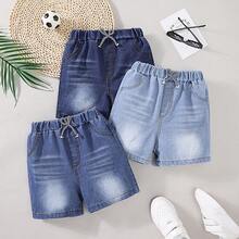 3 件套男童浅蓝色和中蓝色洗水牛仔短裤，休闲松紧腰及膝长裤，夏季街头风格 - 彩色 - 查看 11