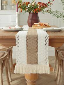 1 件复古钩针亚麻桌旗，带花边流苏，质朴的蕾丝桌面装饰，餐桌保护垫，适用于家庭、派对、婚礼装饰 - 彩色 - 查看 16