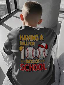 男童休闲印花圆领短袖T恤，夏季上衣 - 深灰色 - 查看 1