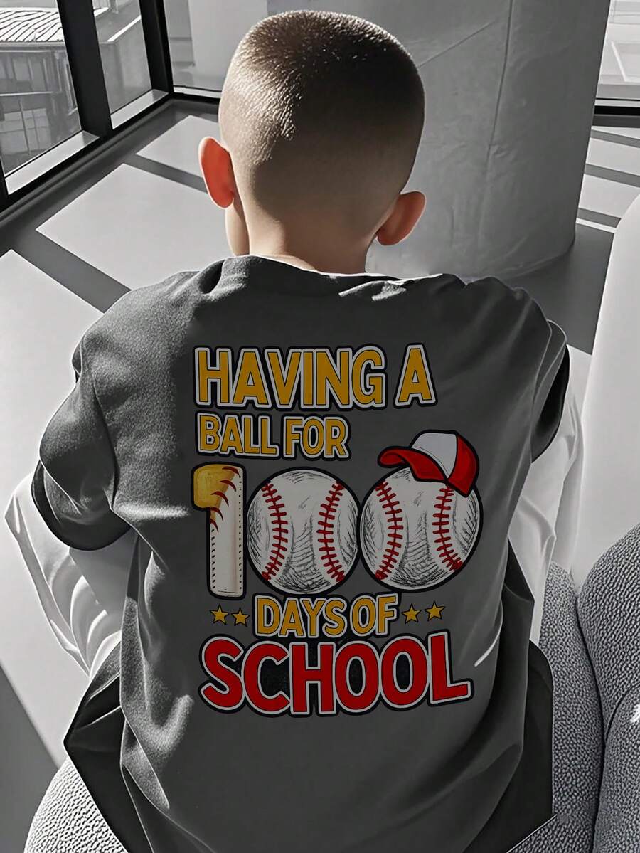 男童休闲印花圆领短袖T恤，夏季上衣 - 深灰色 - 查看 1